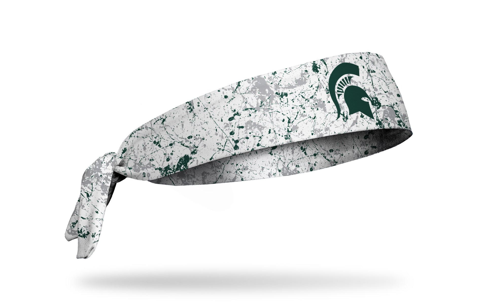 white paint splatter headband with Michigan State University spartan logo in green