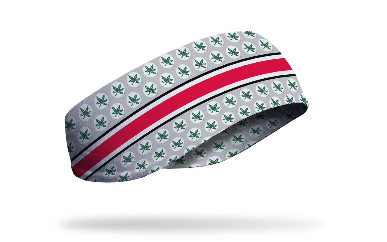grey and white ear warmer with red band line and Ohio State University Buckeyes logo repeating in green
