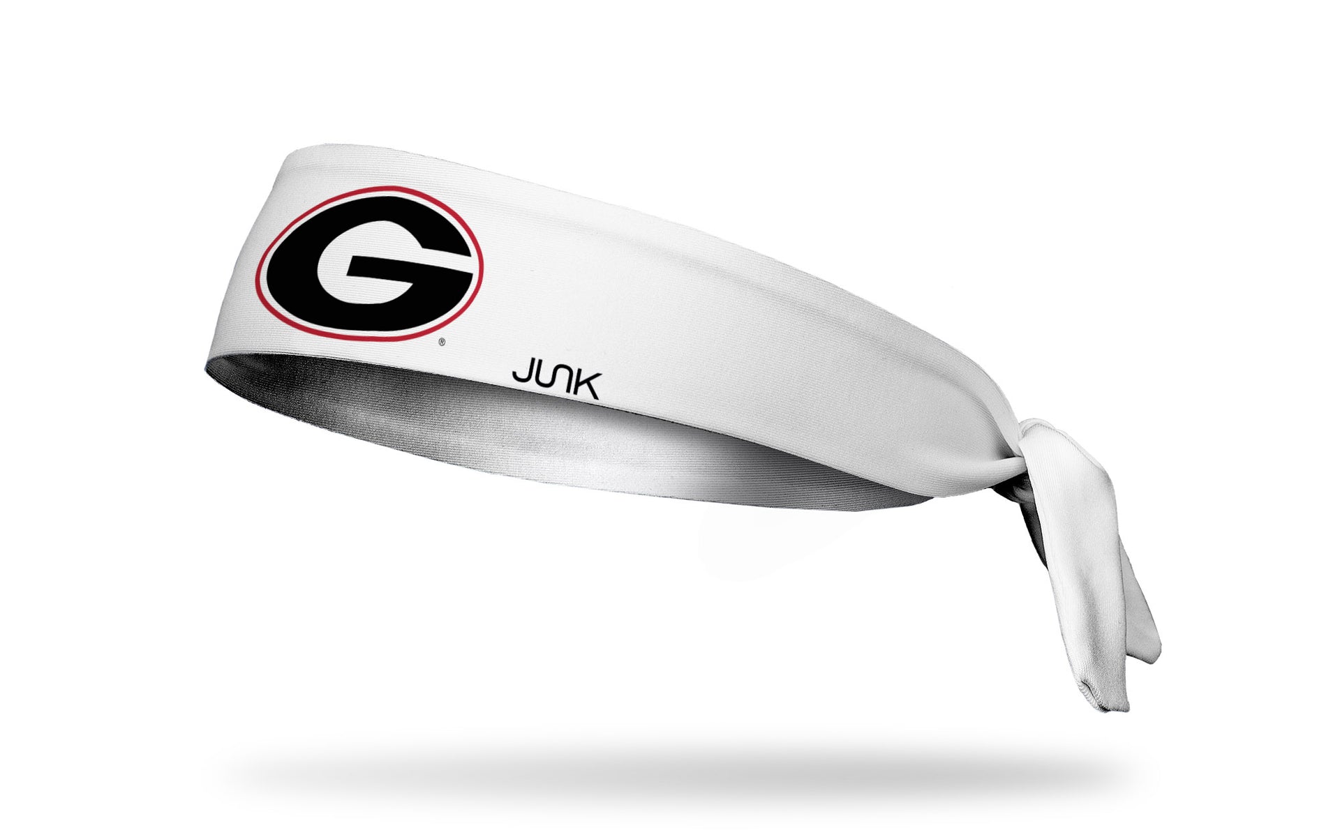white headband with University of Georgia G logo in red and black