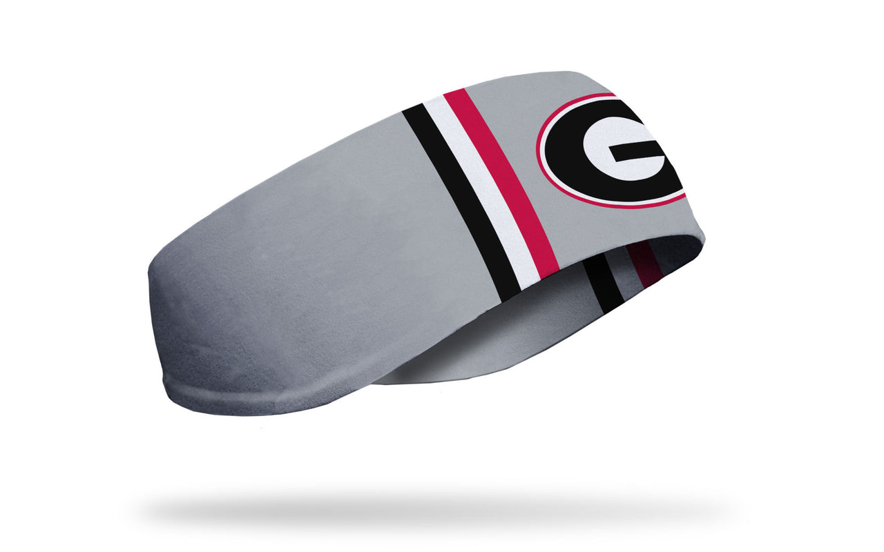 light grey ear warmer with black white and red varsity stripes and University of Georgia G logo in full color