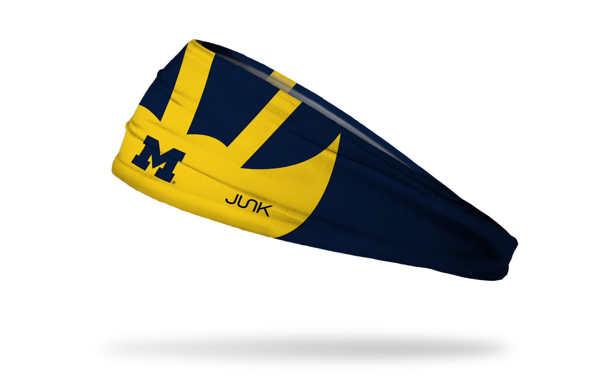 navy headband with University of Michigan winged helmet design in gold