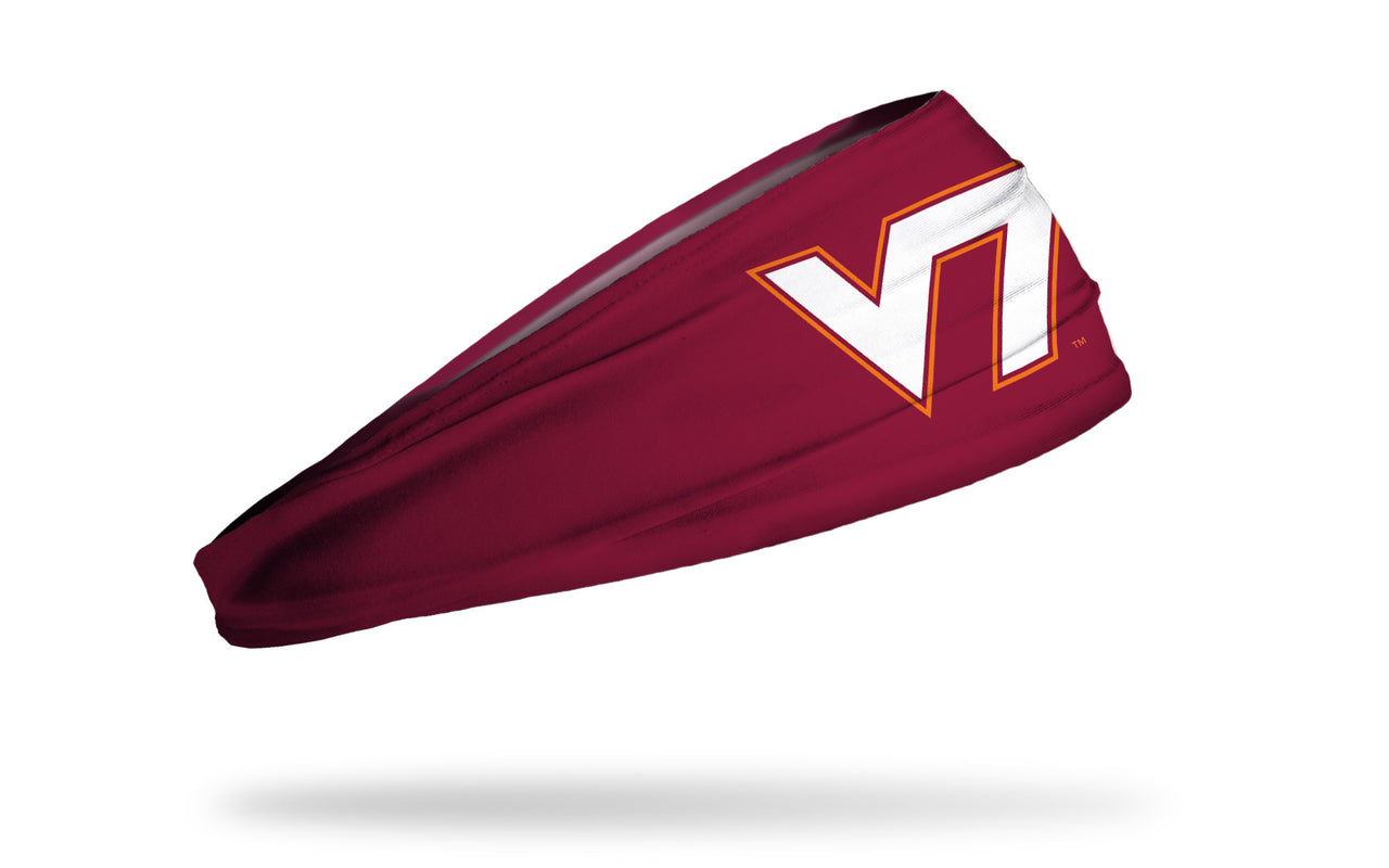 maroon ear warmer with Virginia Tech V T logo in white and orange in front center