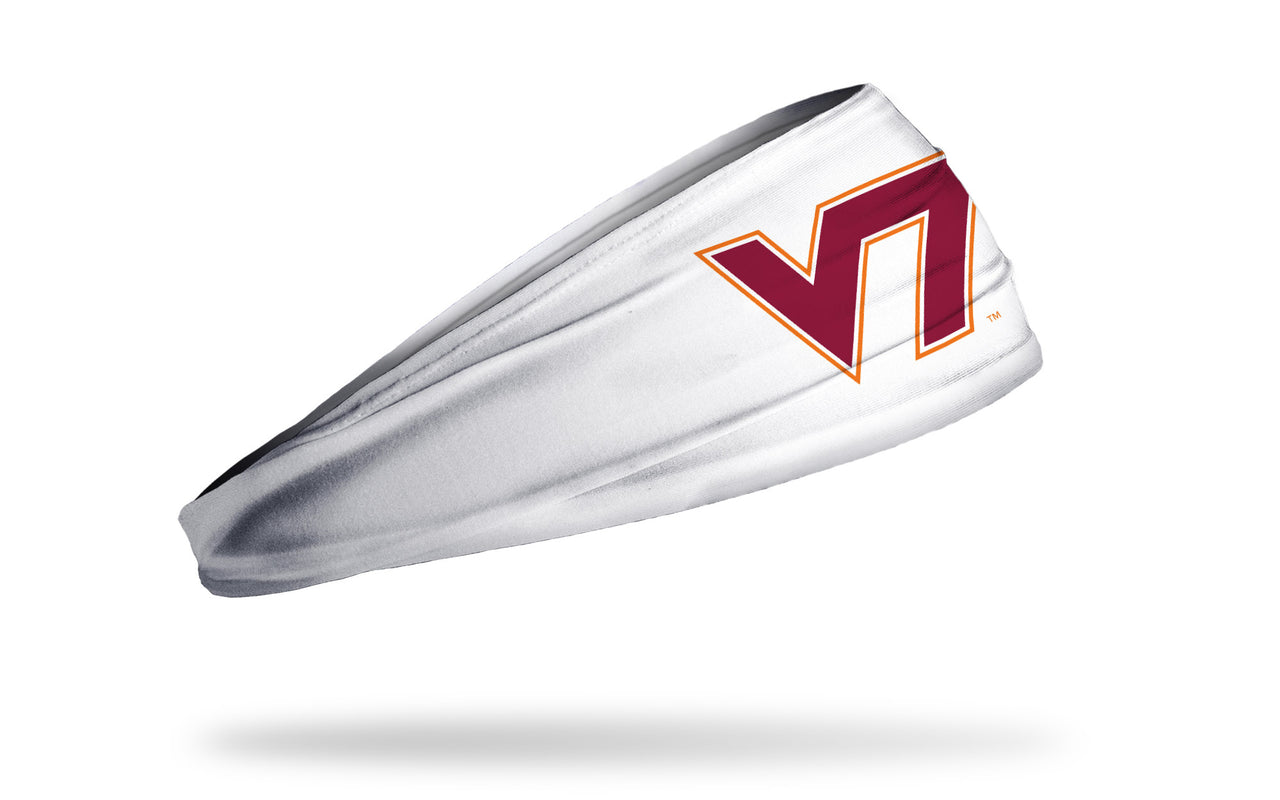white headband with Virginia Tech V T logo in maroon and orange
