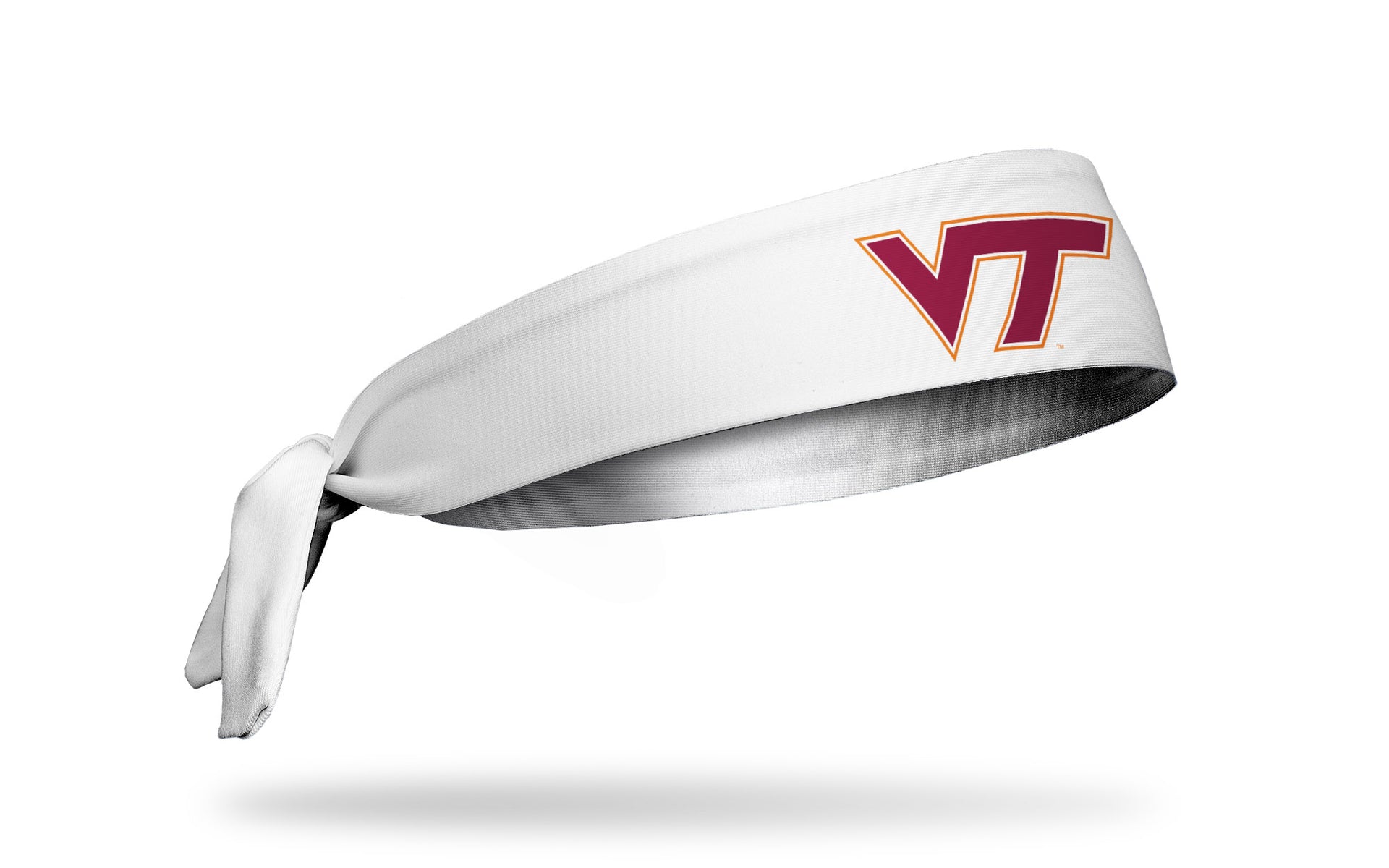 white headband with Virginia Tech V T logo in maroon and orange