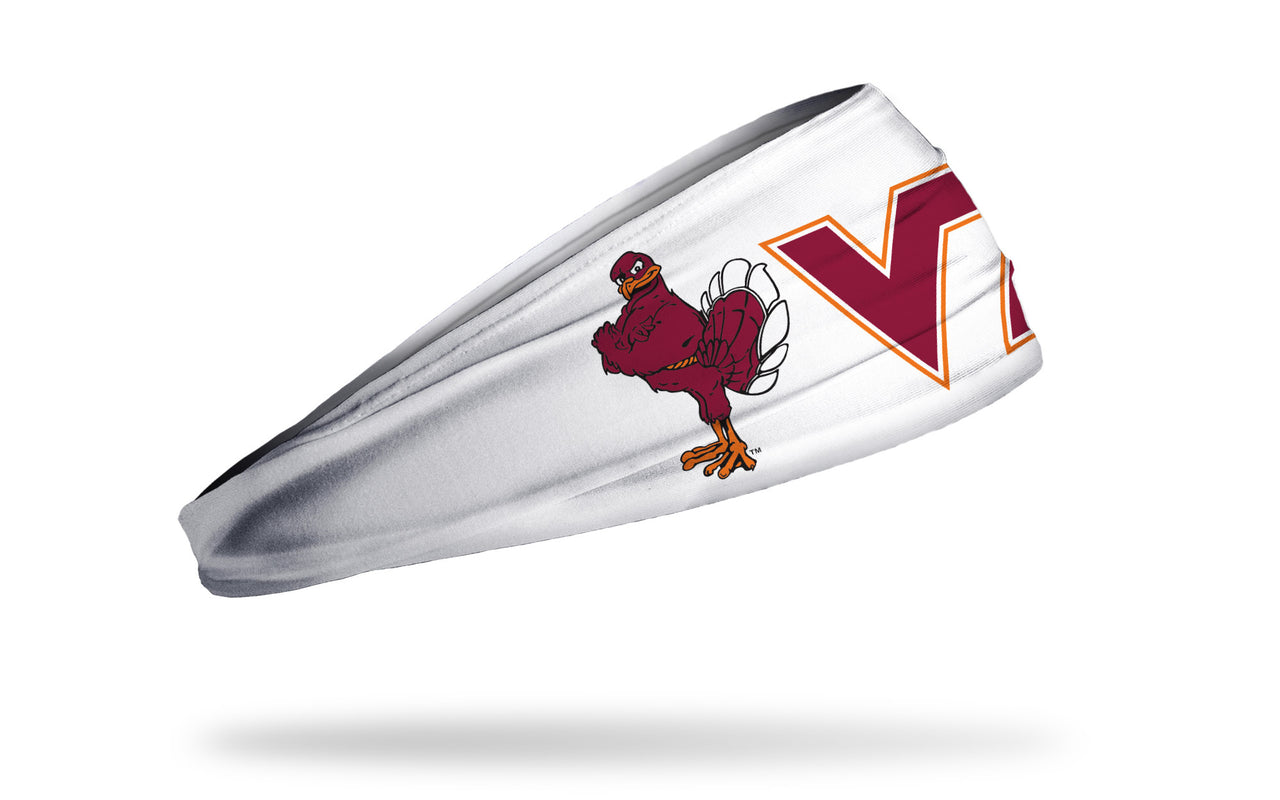 white headband with Virginia Tech red and orange V T with Hokie Bird to left in full color