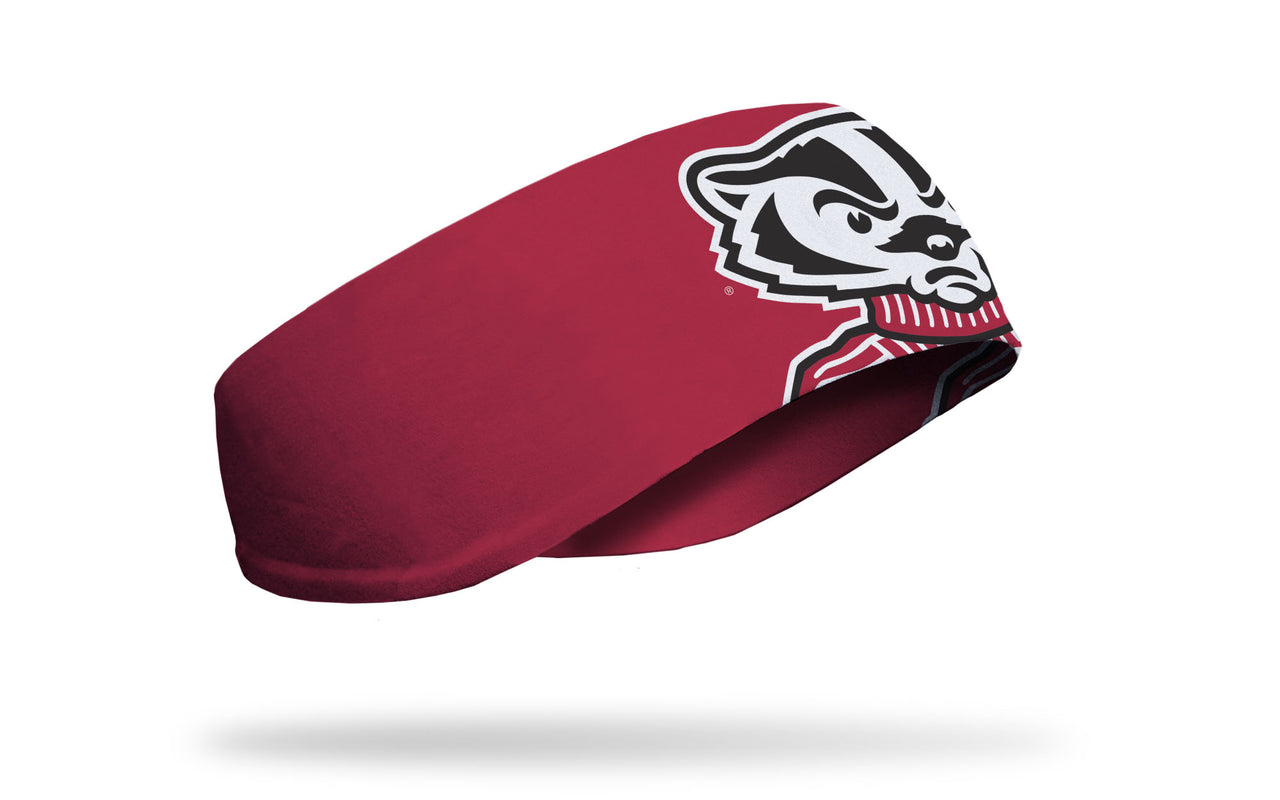 red ear warmer with University of Wisconsin oversized Bucky mascot logo