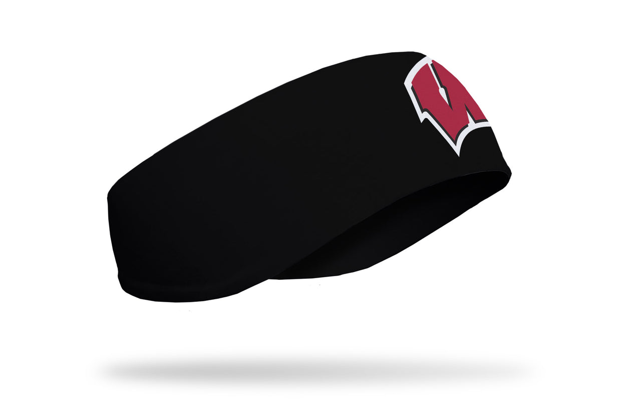 black ear warmer with University of Wisconsin W logo in red and white