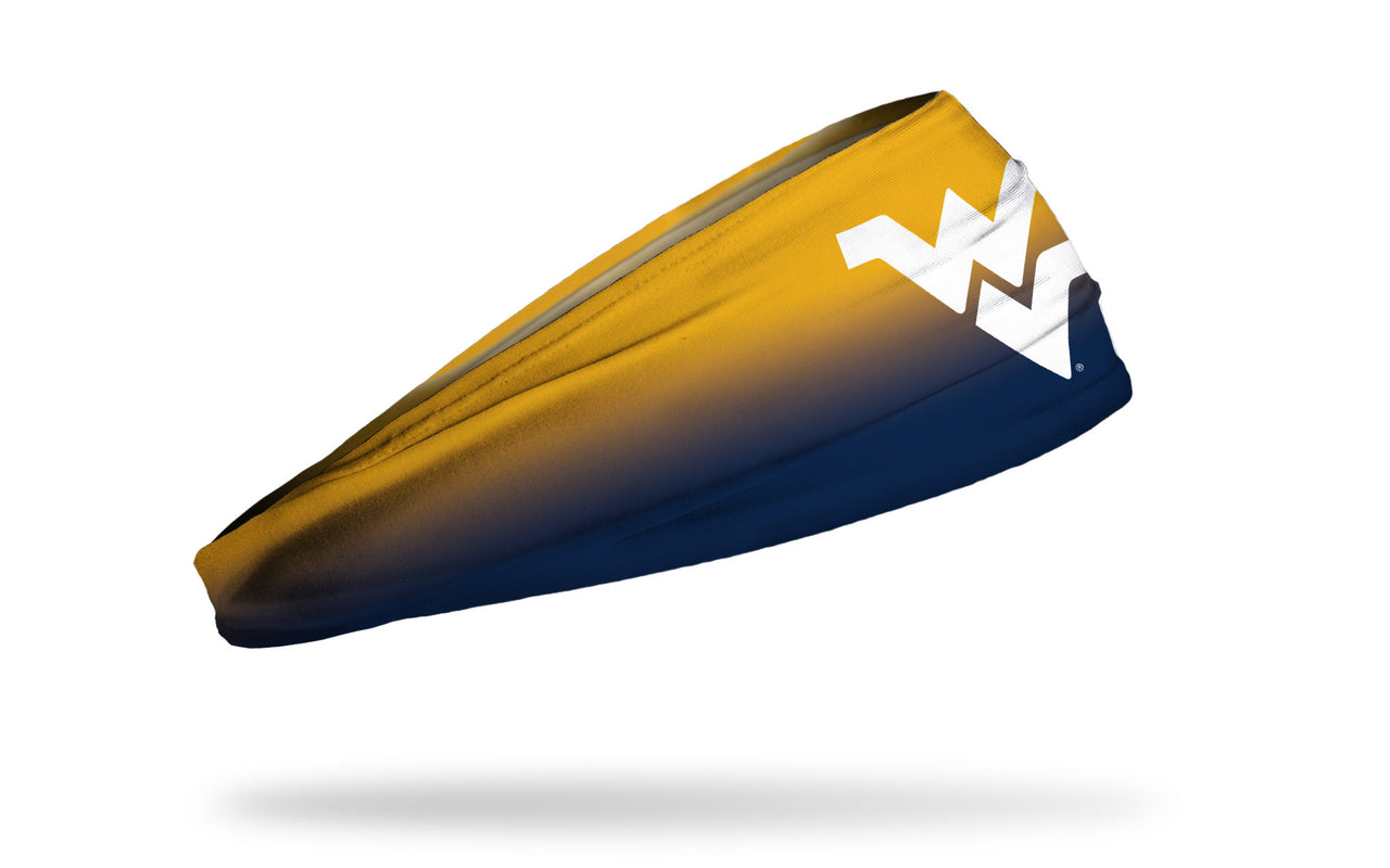 yellow to navy gradient headband with West Virginia University white W V logo in front center