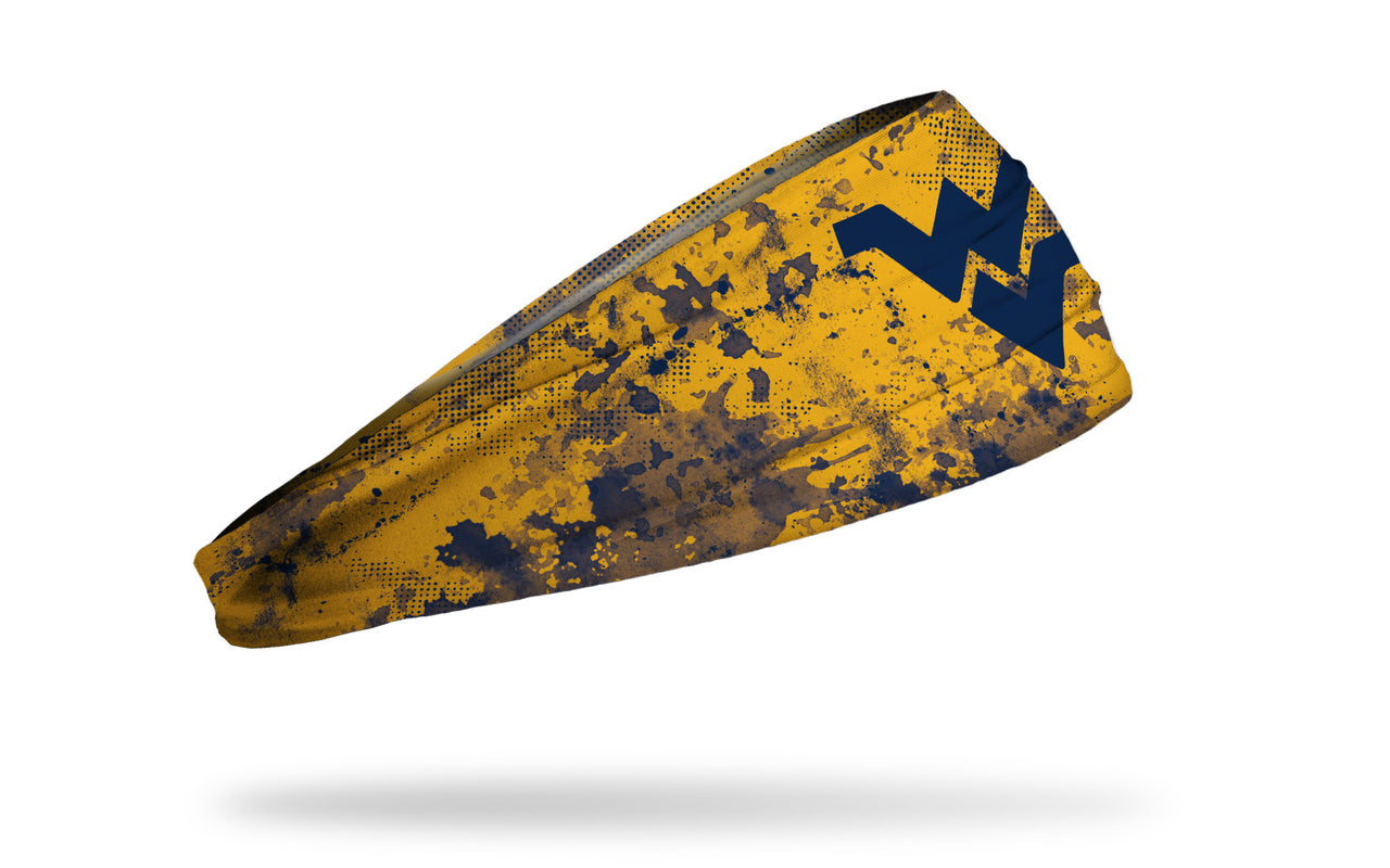 gold headband with West Virginia University WV logo in navy with navy grunge overlay