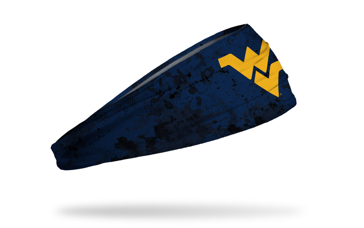 navy headband with West Virginia University WV logo in gold with black grunge overlay