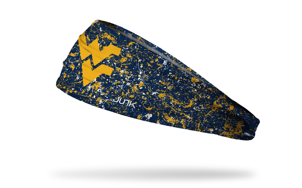 navy paint splatter headband with West Virginia University WV logo in gold
