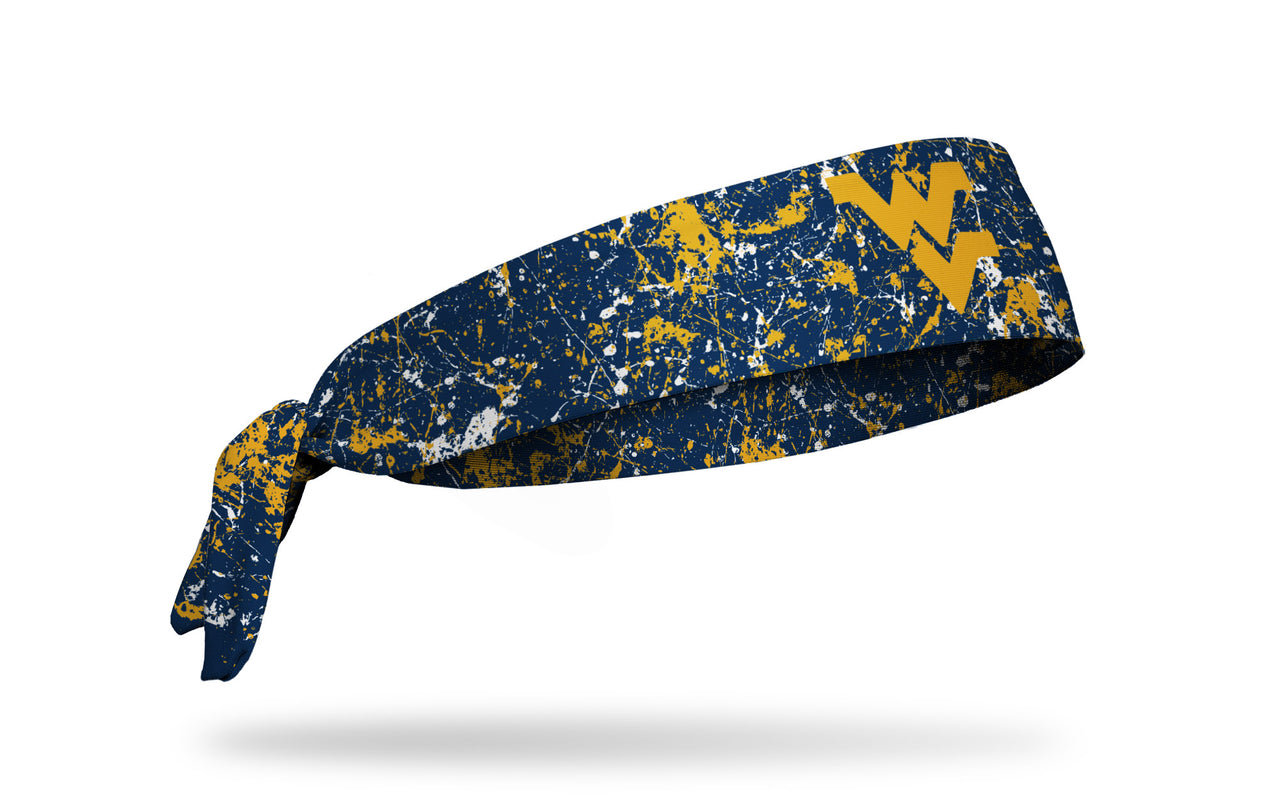 navy paint splatter headband with West Virginia University WV logo in gold