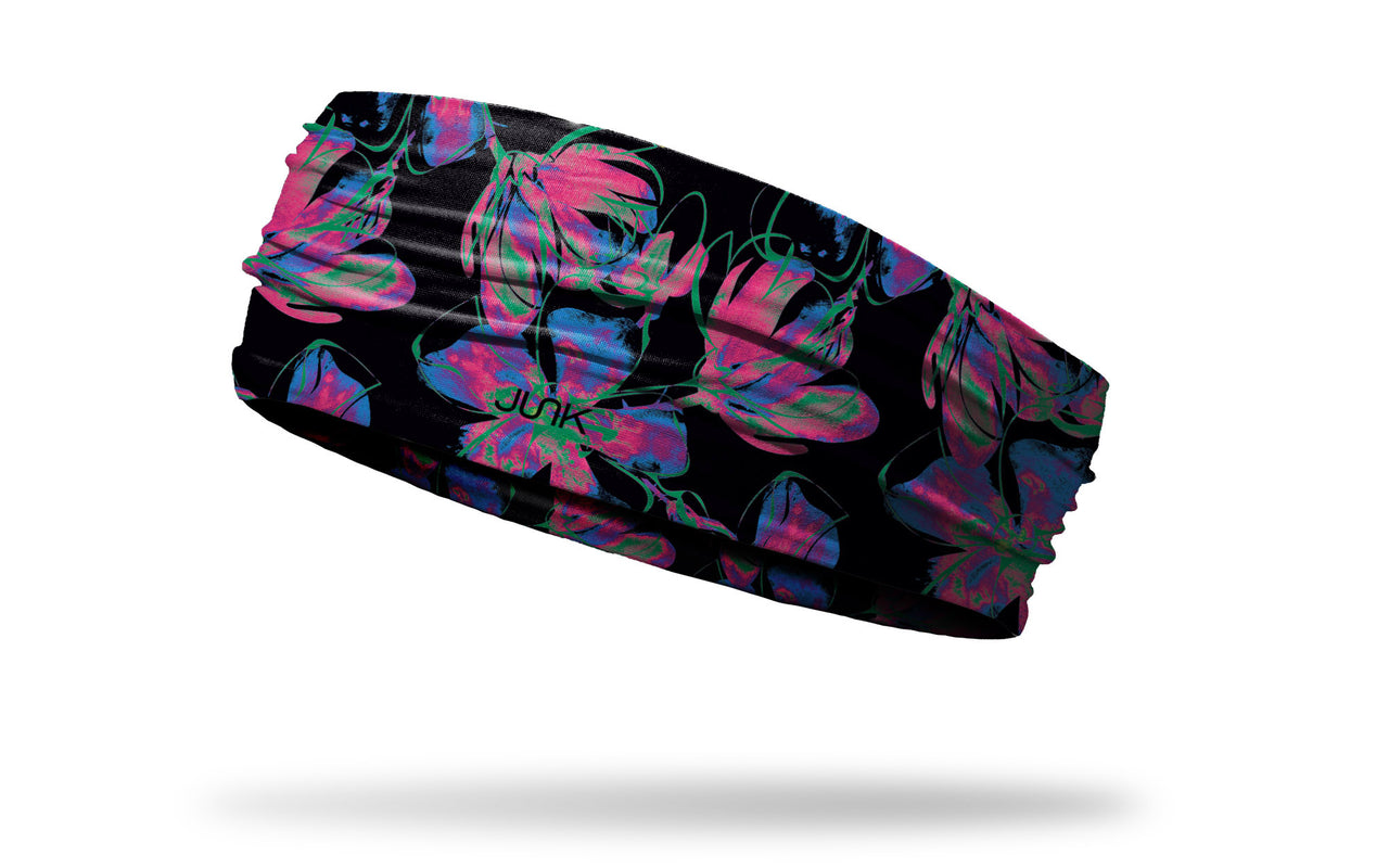 black with repeating pattern of neon florals headband