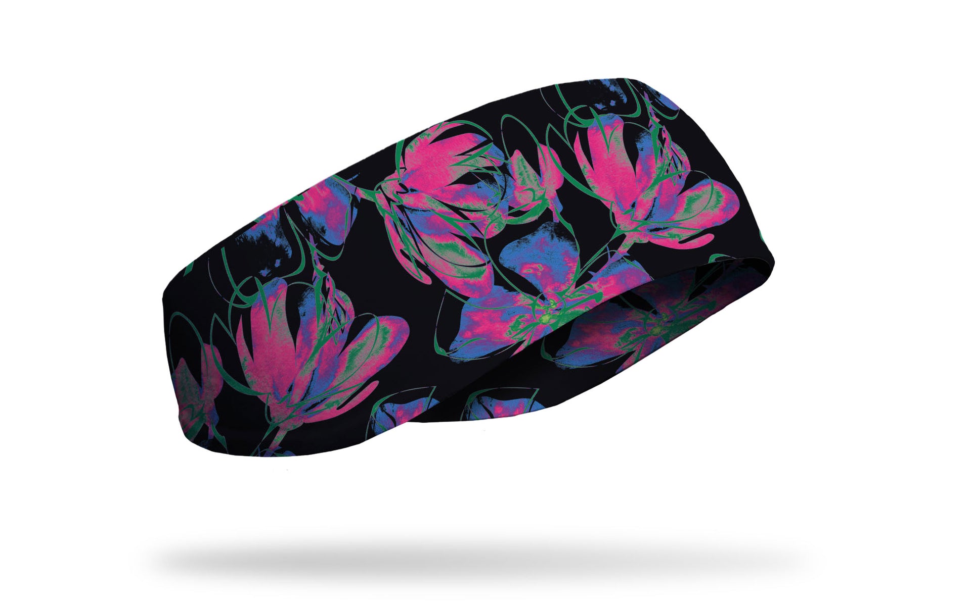 black ear warmer with repeating pattern of neon flowers