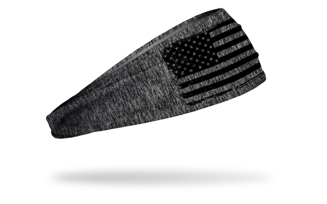 grey and black heathered JUNK headband with distressed american flag outline in black