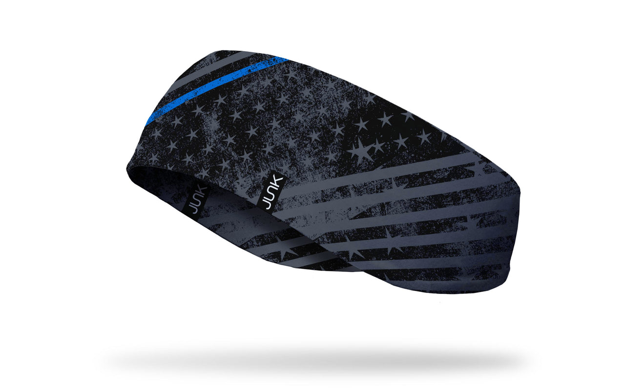 black ear warmer with grey stars and stripes grunge pattern and thin blue line