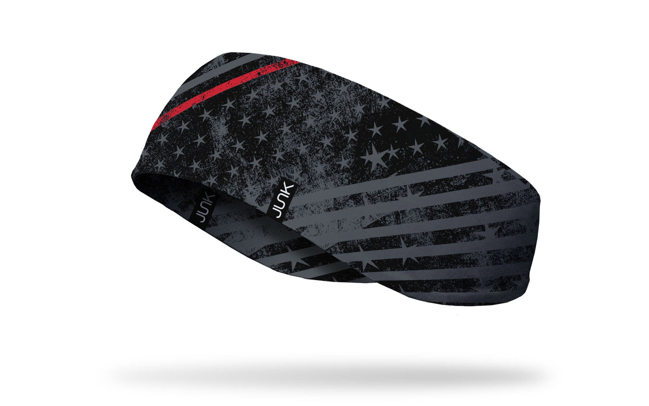 black ear warmer with grey stars and stripes grunge pattern and thin red line