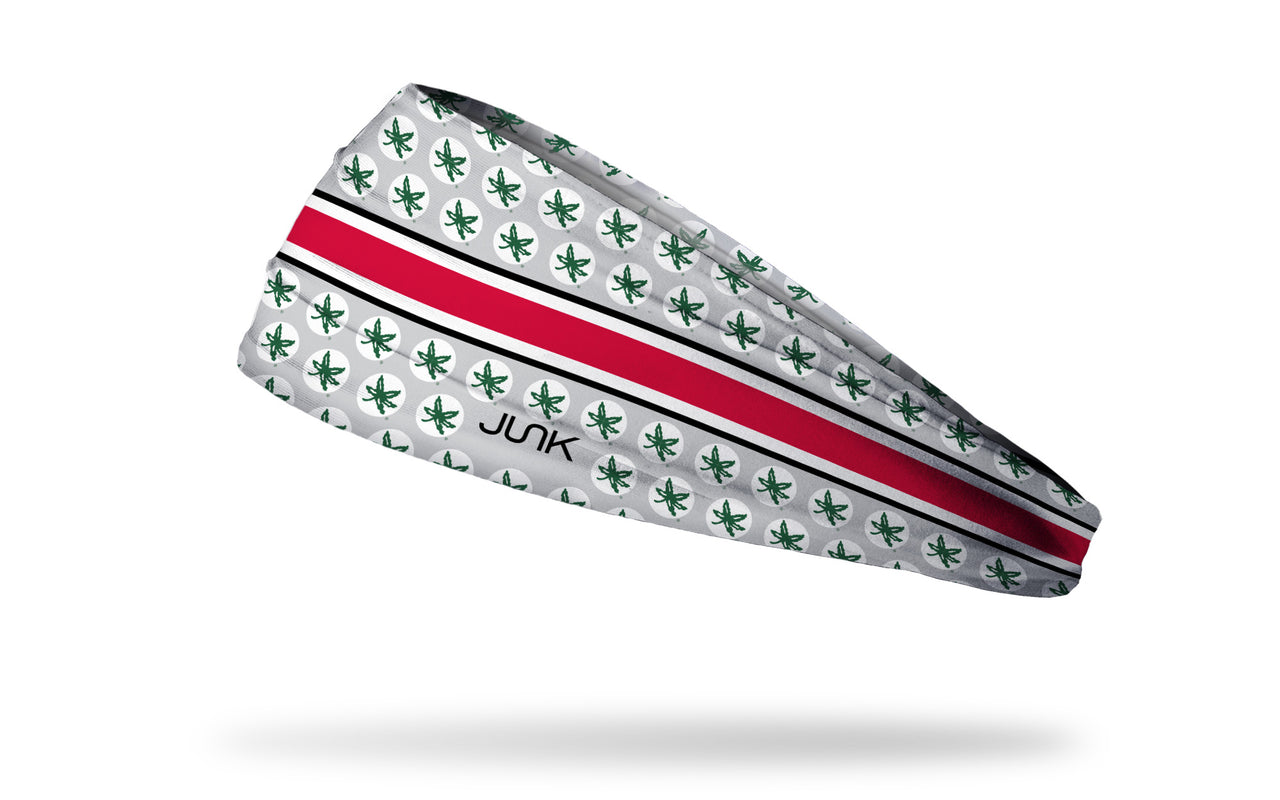 grey and white headband with red band line and Ohio State University Buckeyes logo repeating in green