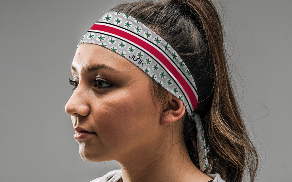 grey and white headband with red band line and Ohio State University Buckeyes logo repeating in green