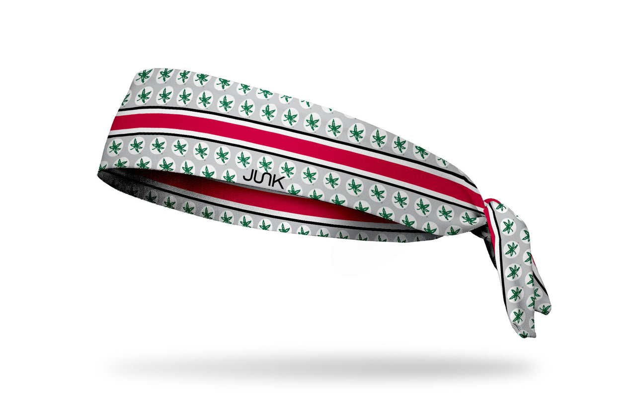 grey and white headband with red band line and Ohio State University Buckeyes logo repeating in green