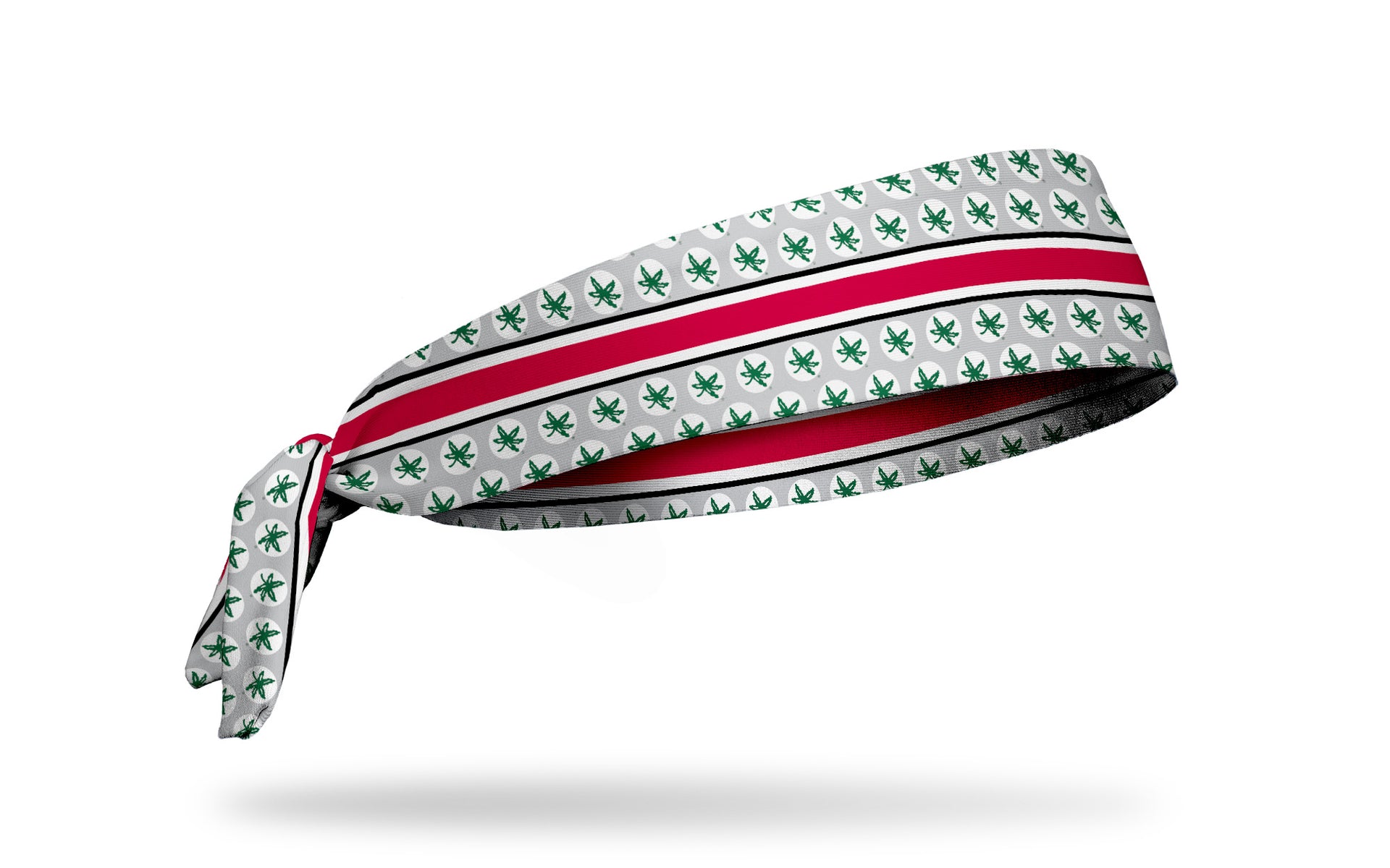 grey and white headband with red band line and Ohio State University Buckeyes logo repeating in green
