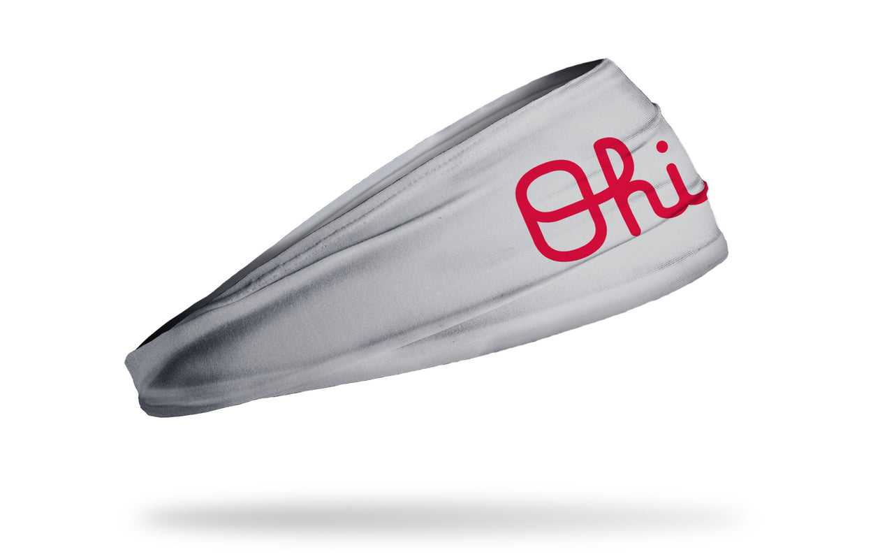 grey headband with Ohio State Ohio script logo in red