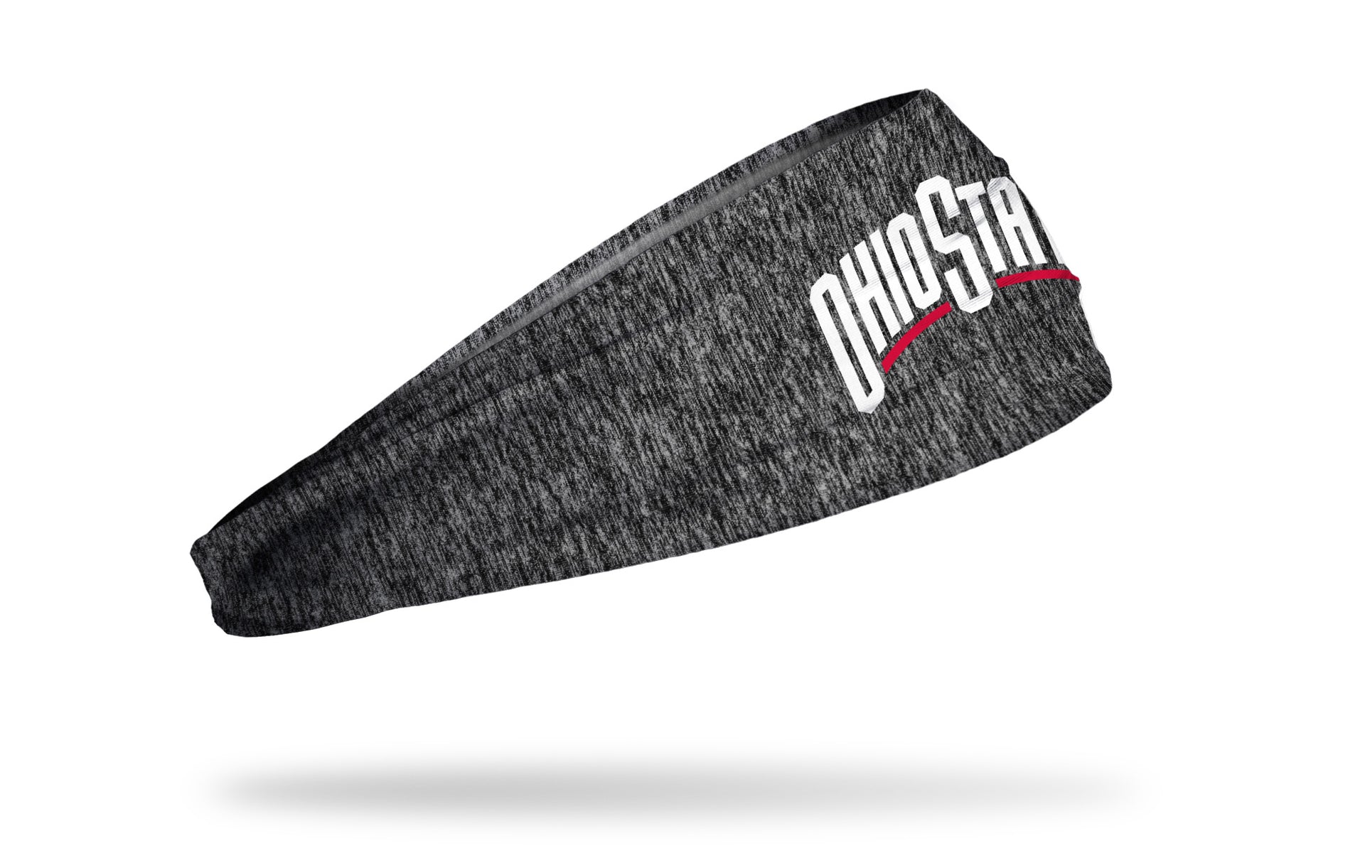 grey static headband with Ohio State Wordmark logo in red and white