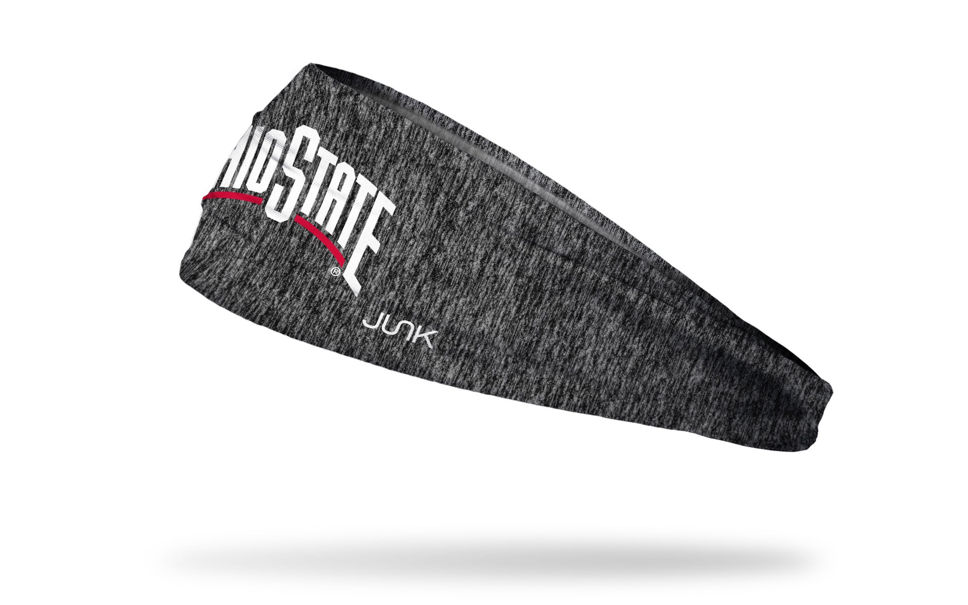 grey static headband with Ohio State Wordmark logo in red and white