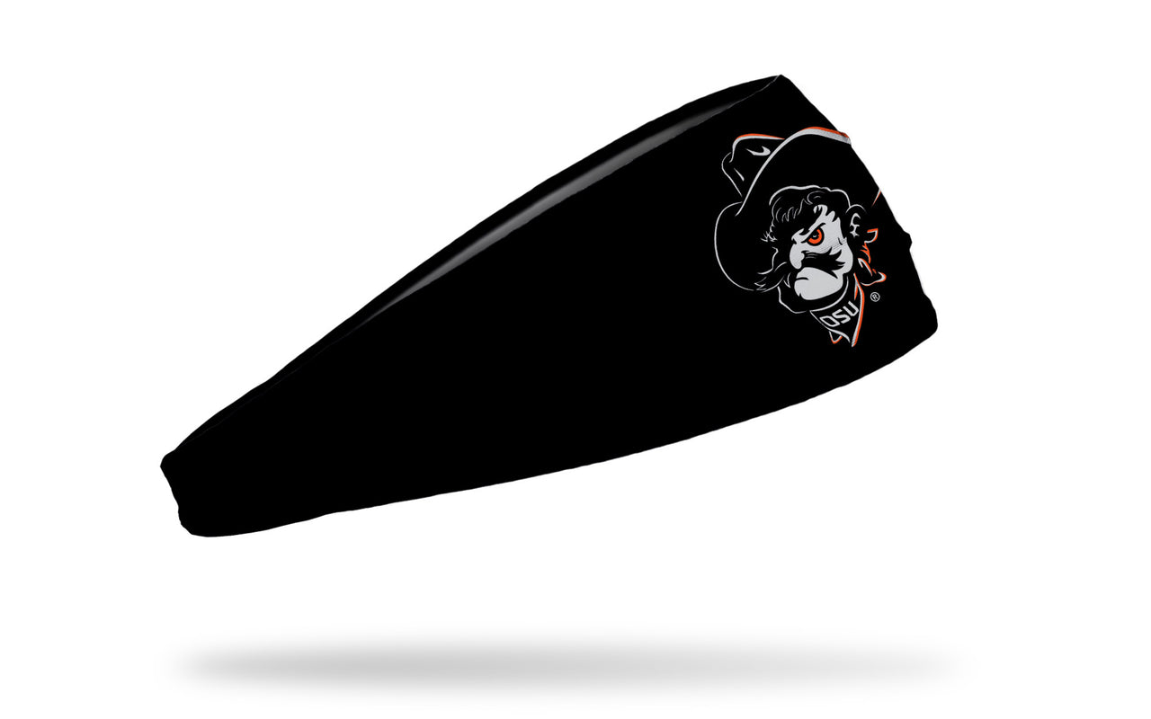 black headband with Oklahoma State University Pistol Pete logo in black white and orange