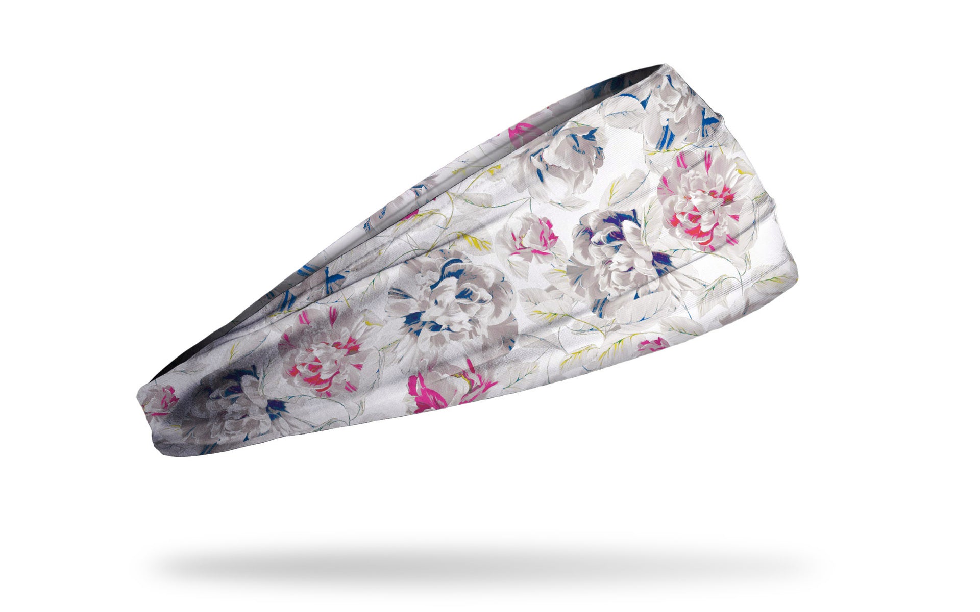 white headband with delicate floral outline and splashes of yellow pink and blue