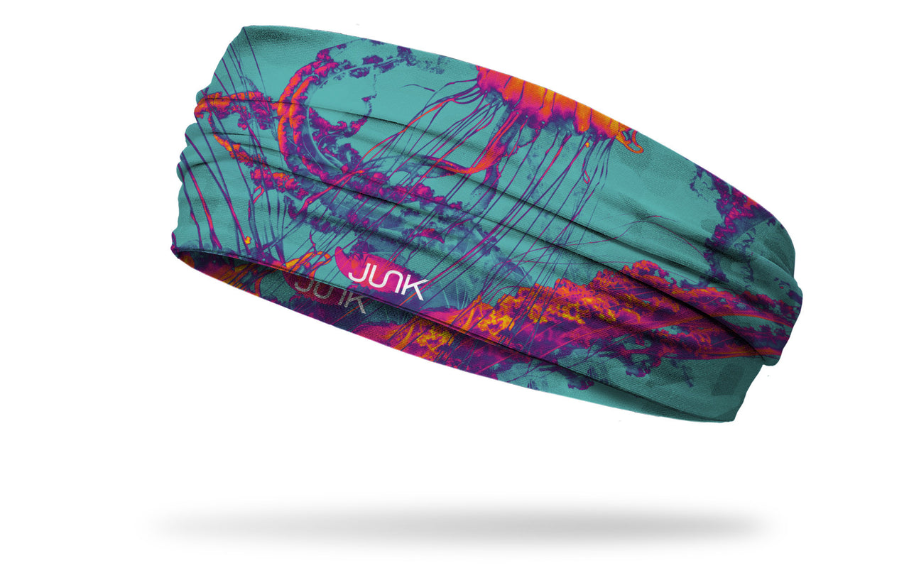 colorful headband with pink orange and turquoise blue organic jellyfish design