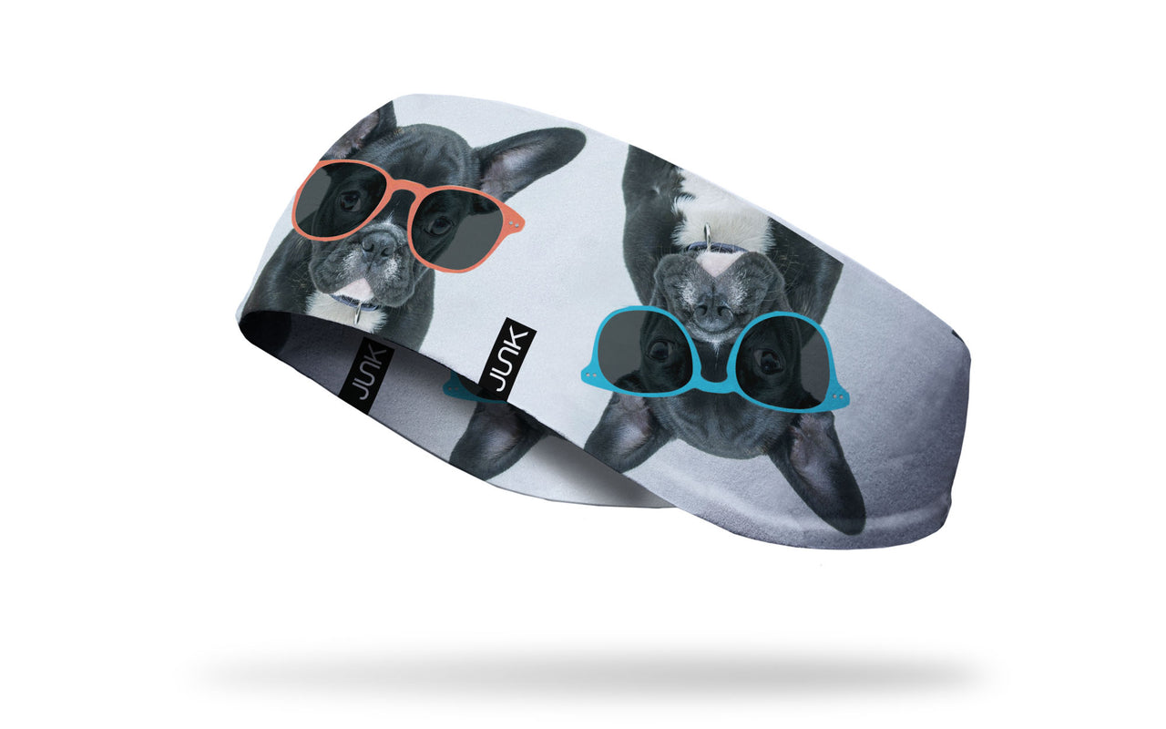 white ear warmer with french bulldogs wearing colorful orange red and blue sunglasses design
