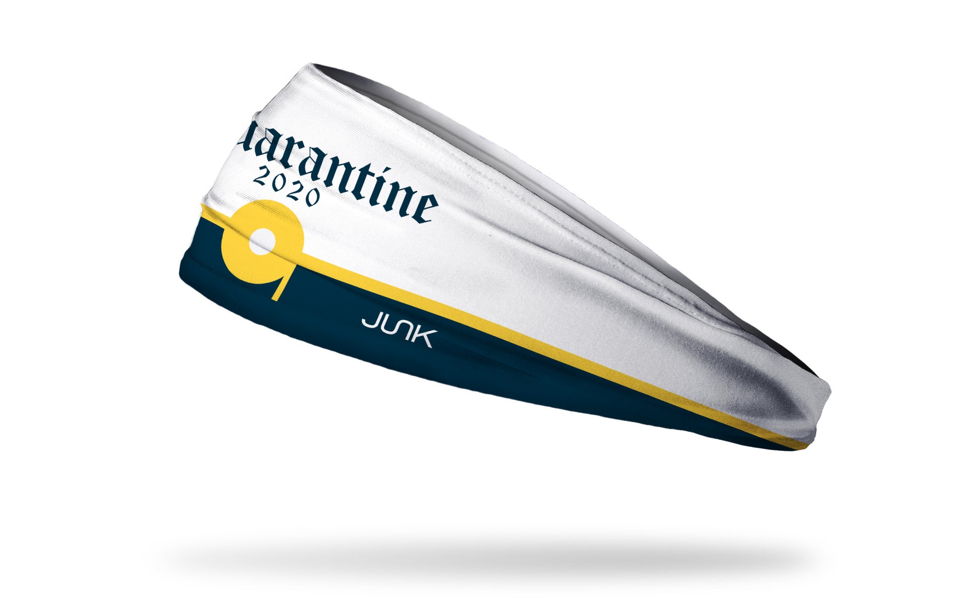 headband made to look like beer bottle label in white navy and gold with Quarantine 2020 in front center in gothic lettering