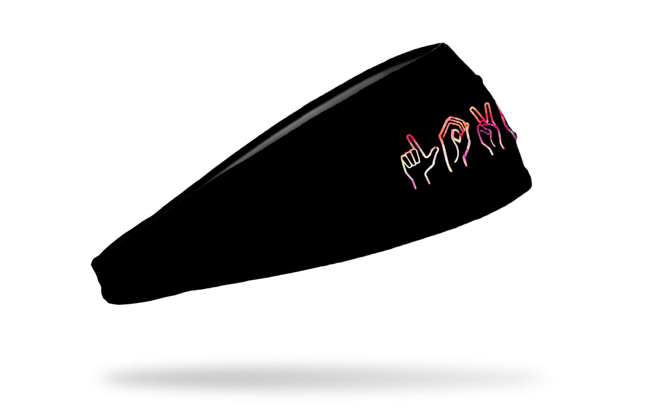 black headband with multicolored design of hands doing sign language love