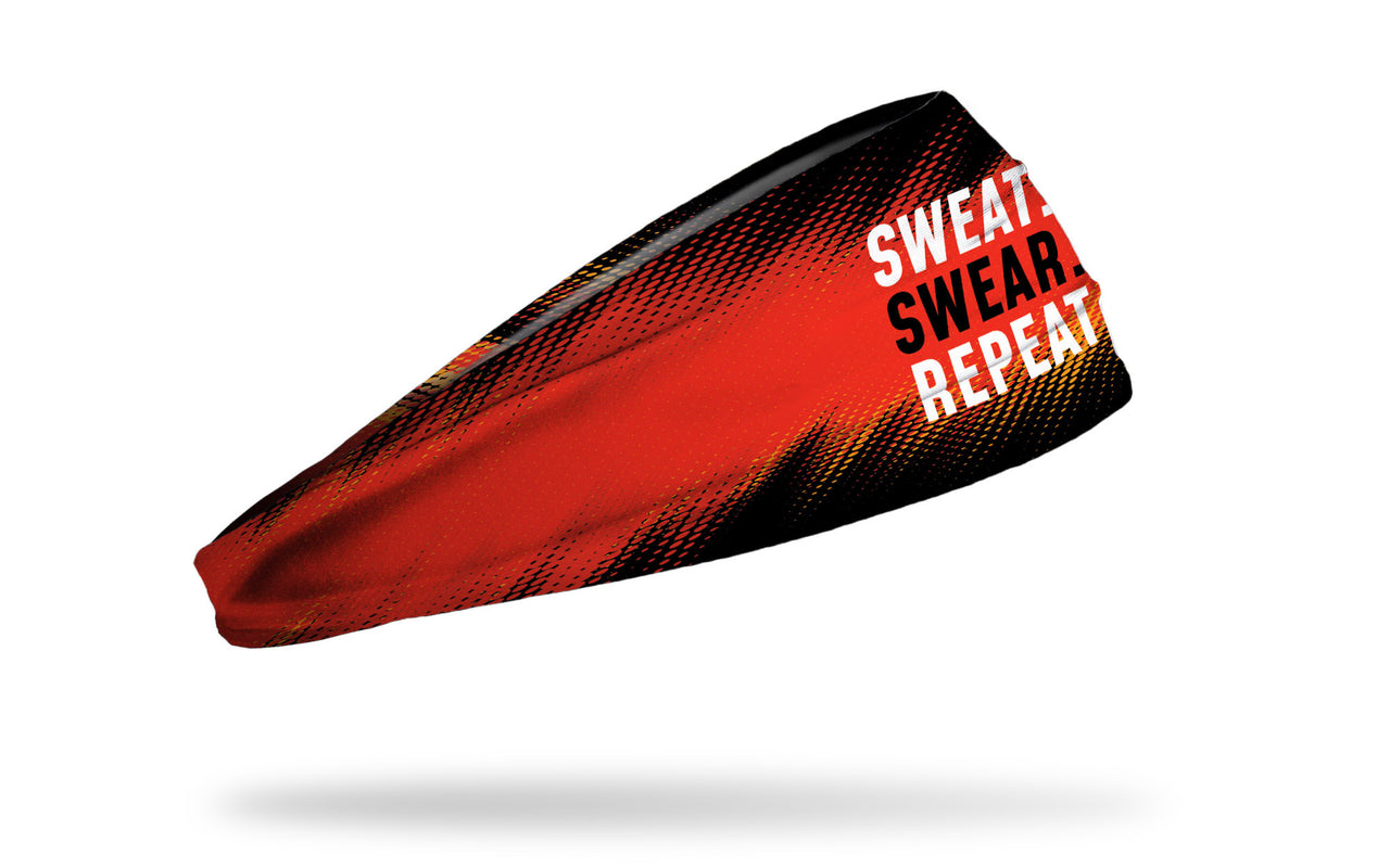 black red headband with Sweat. Swear. Repeat wordmark in white and yellow