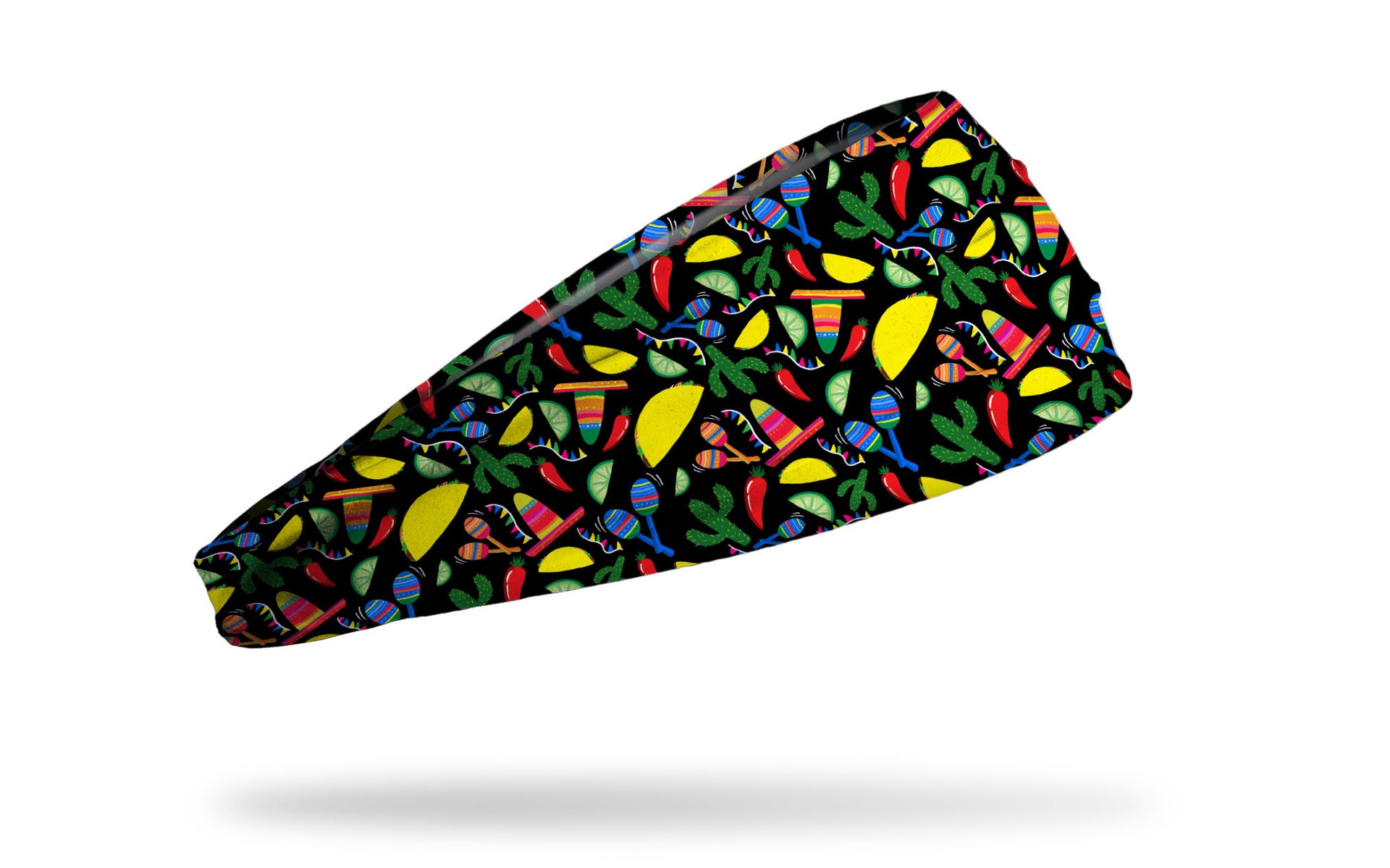 black headband with bright colored repeating print of tacos lemons limes sombreros maracas cactus and flag banners