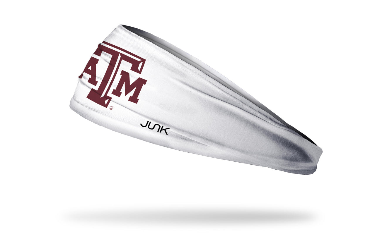 white headband with Texas A&M University A T M logo in white and maroon