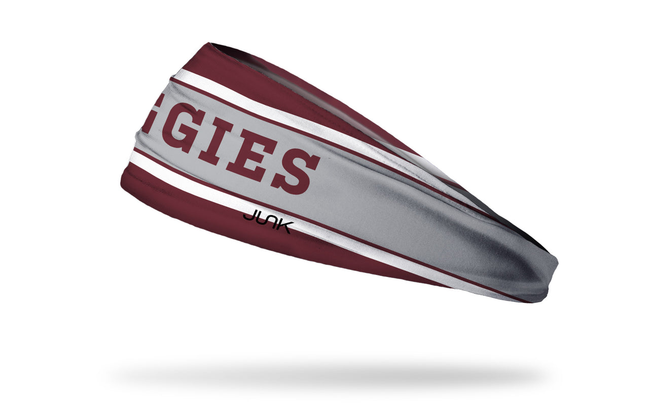 maroon and light grey headband with white varsity stripes and Texas A&M University Aggies wordmark in maroon