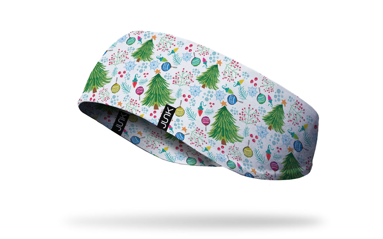 white headband with repeating pattern of trees decorated with colorful ornaments