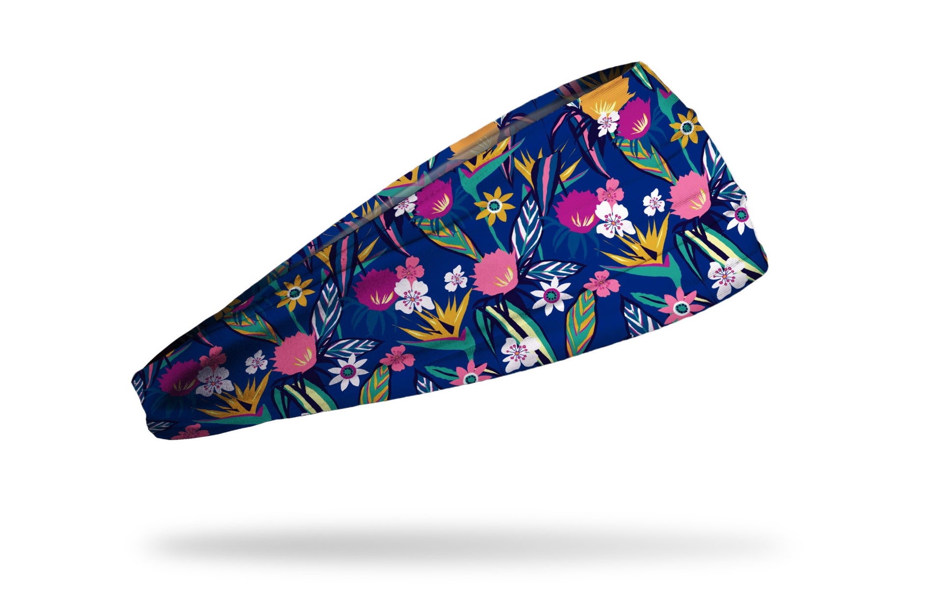 bright blue headband with floral bird of paradise and tropical flower print