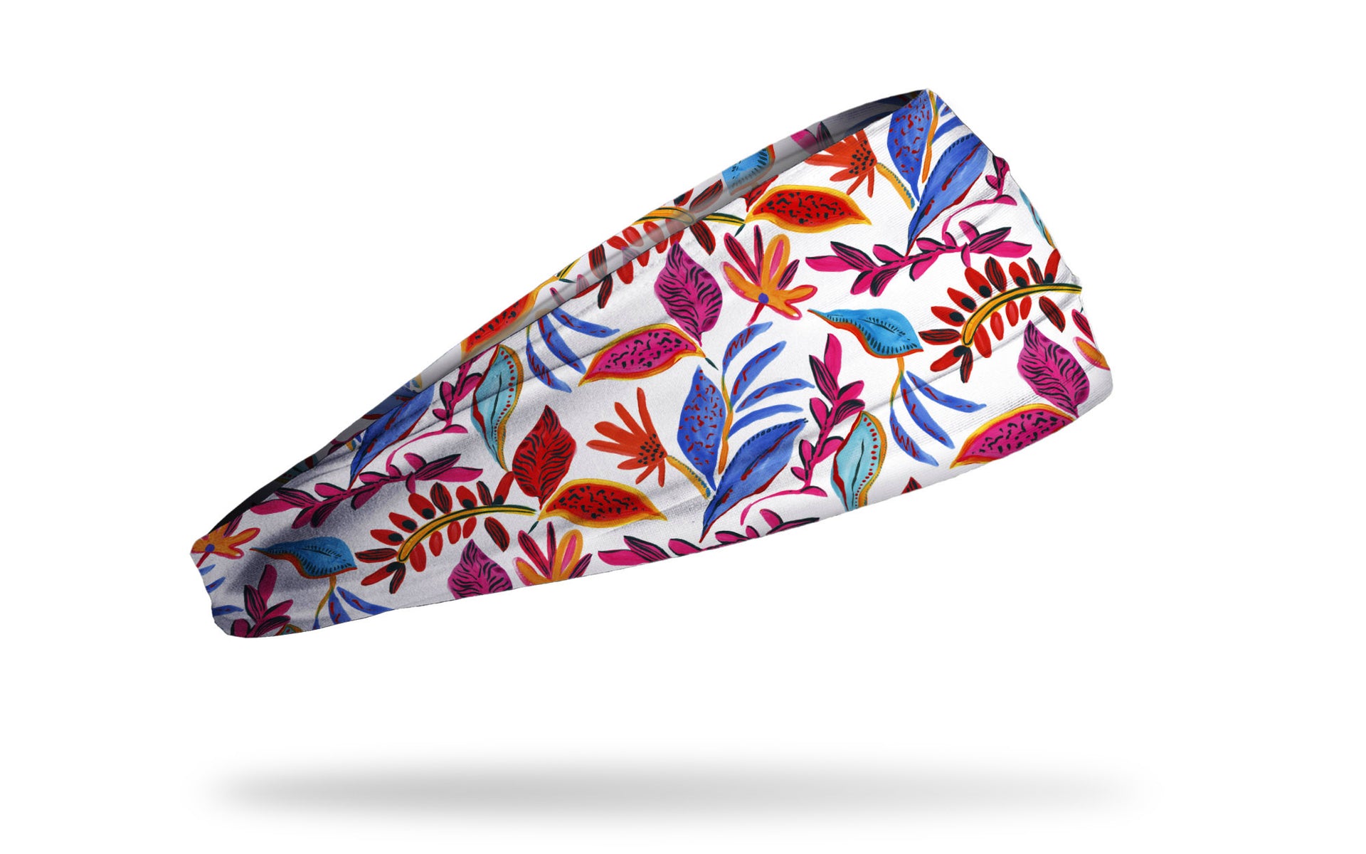 white headband with repeating colorful tropical floral and leaf pattern in pink blue red orange and yellow