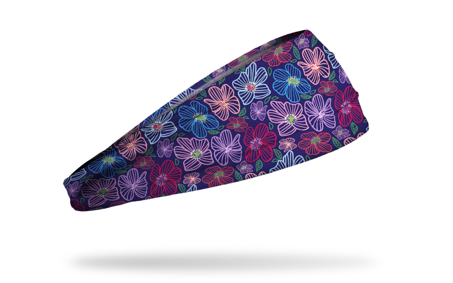 purple headband with repeating pattern of bright gem jewel colored tropical flowers