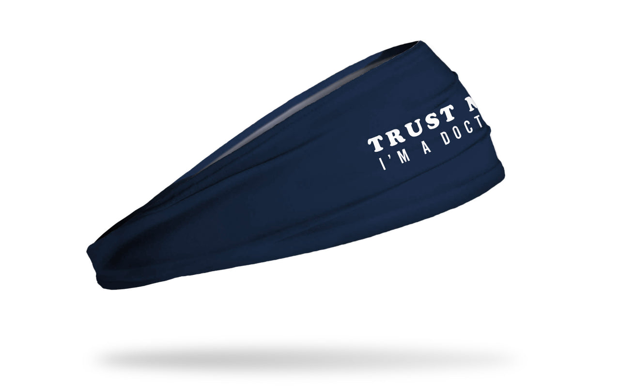 navy medical themed headband with white trust me I'm a doctor wordmark