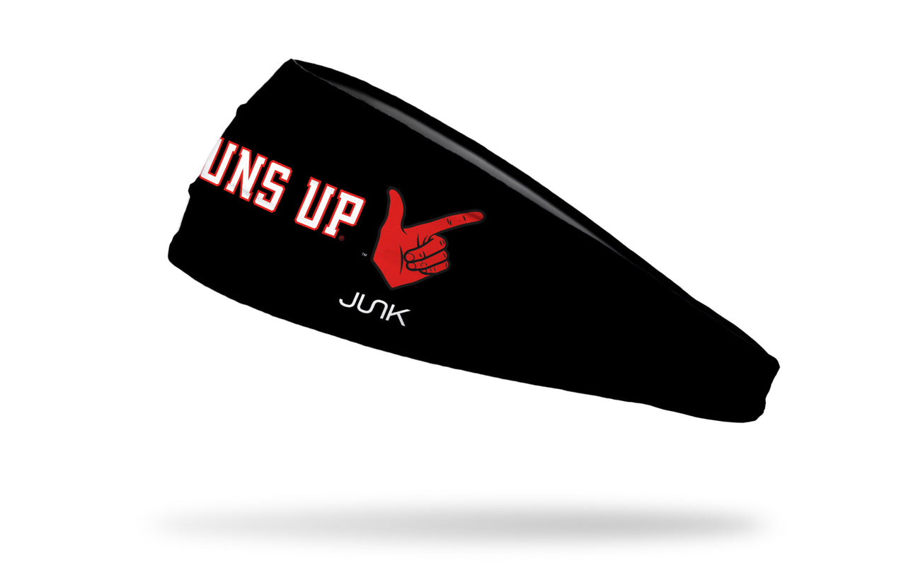 black headband with Texas Tech University Guns Up wordmark in white and hand guns in red