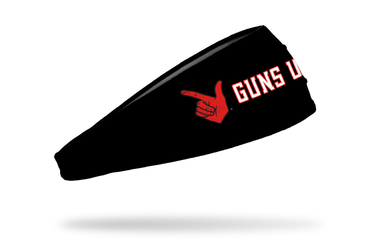 black headband with Texas Tech University Guns Up wordmark in white and hand guns in red