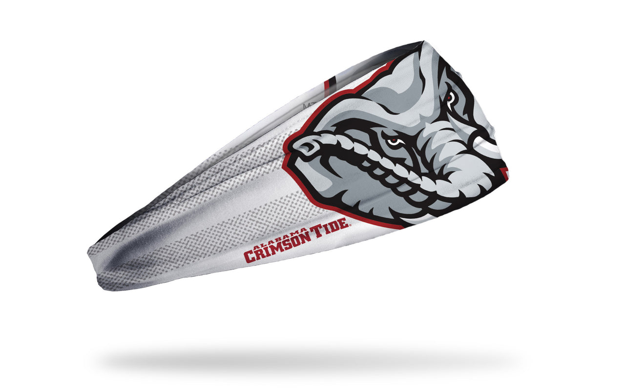 white headband with grey line overlay and University of Alabama Big Al elephant mascot in crimson red and grey