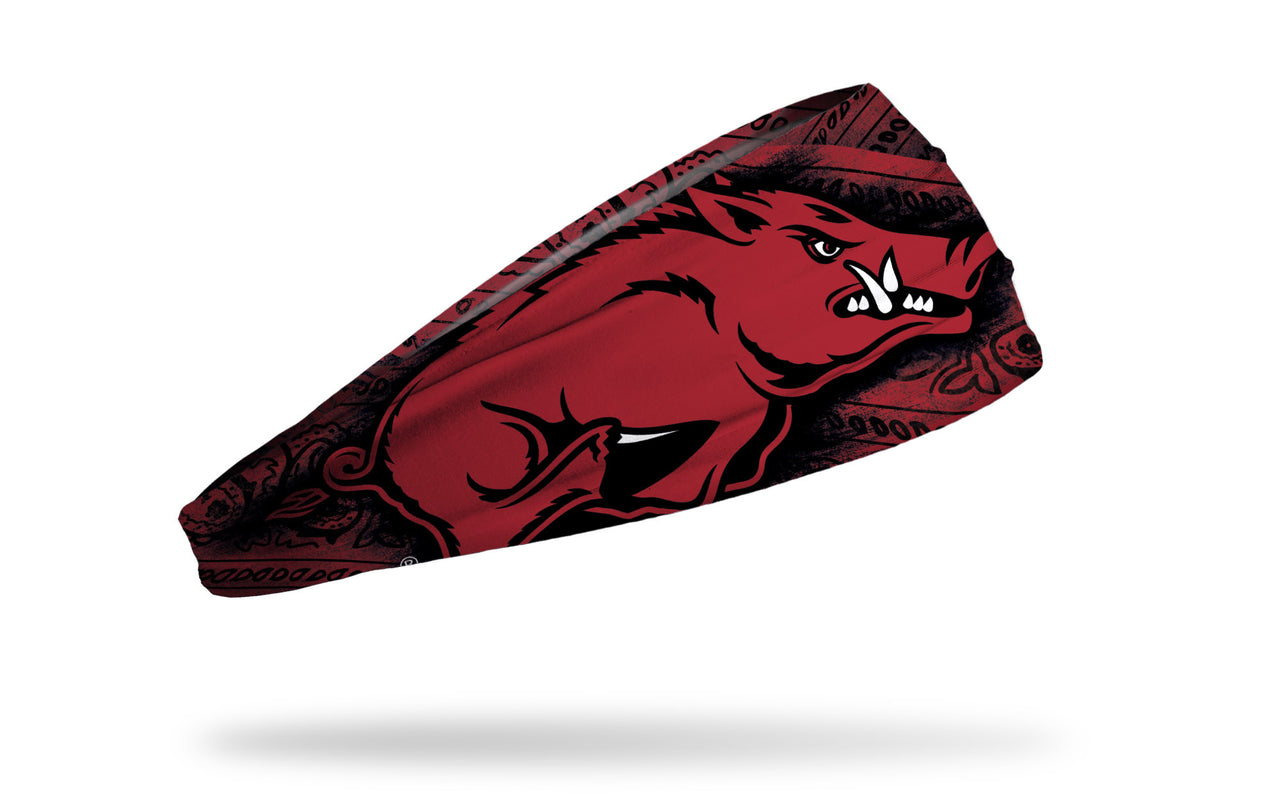 red and black bandana print headband with University of Arkansas razorback logo worked in repeating pattern and big Razorback logo to left in full color