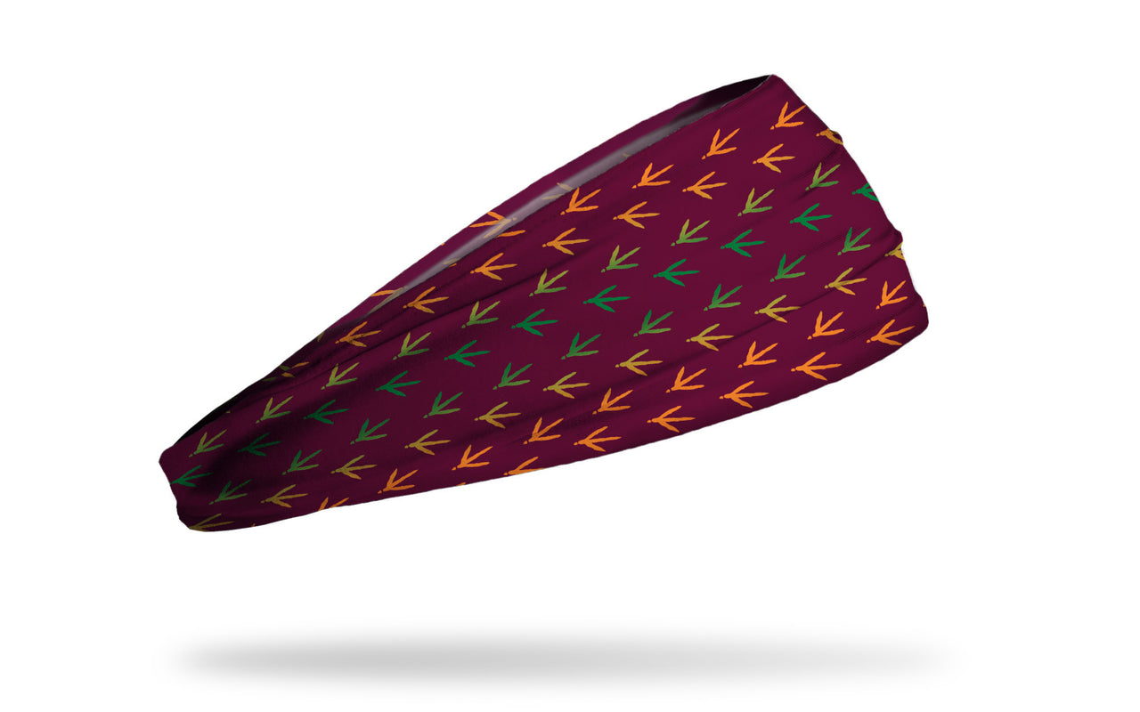 maroon wine headband with repeating pattern of colorful turkey tracks