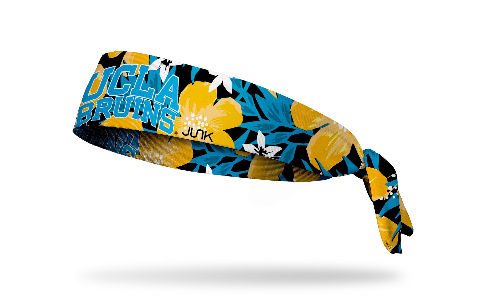 black headband with light blue, white, and gold floral print and University of California, Los Angeles UCLA Bruins wordmark in light blue and white outline
