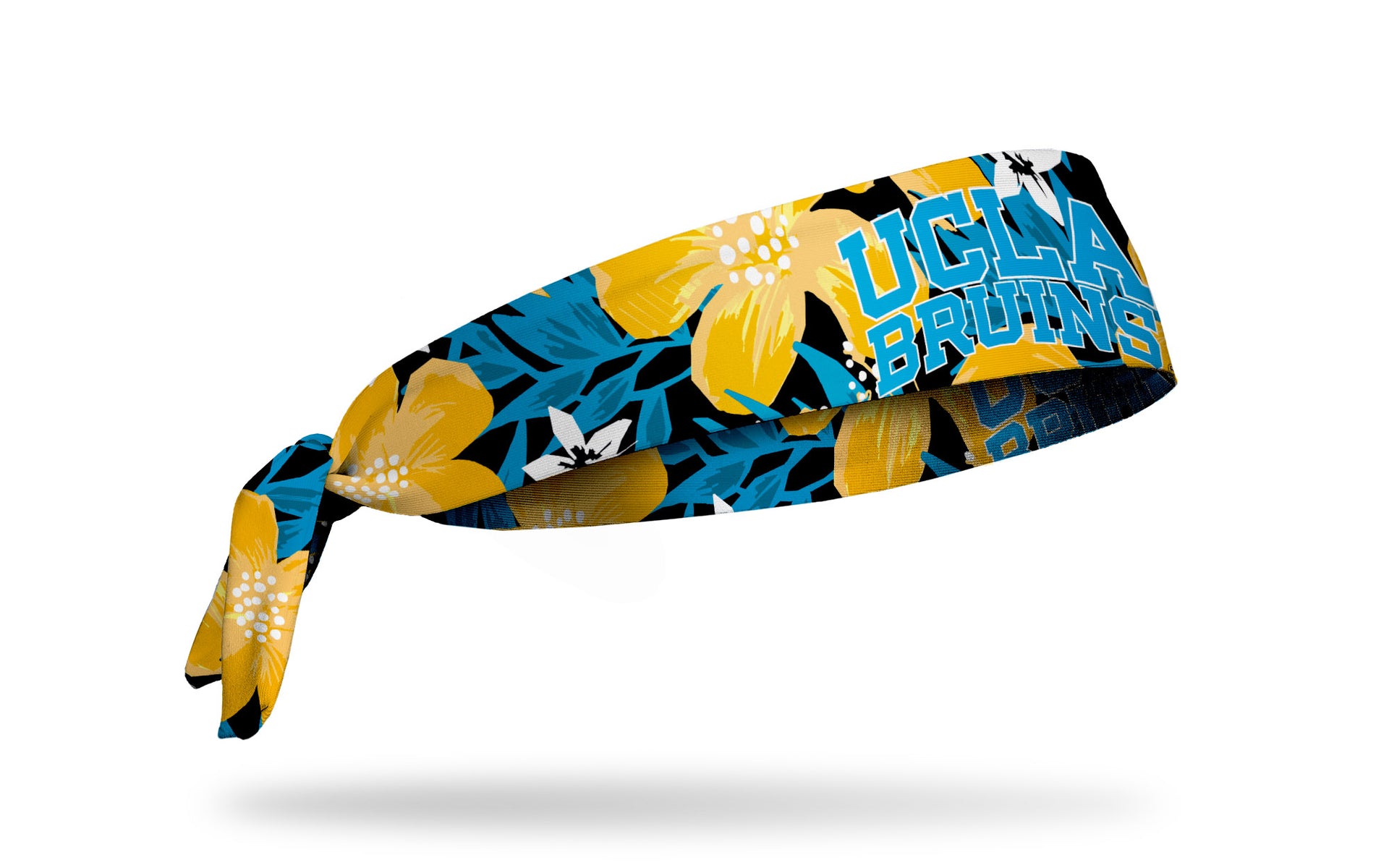 black headband with light blue, white, and gold floral print and University of California, Los Angeles UCLA Bruins wordmark in light blue and white outline
